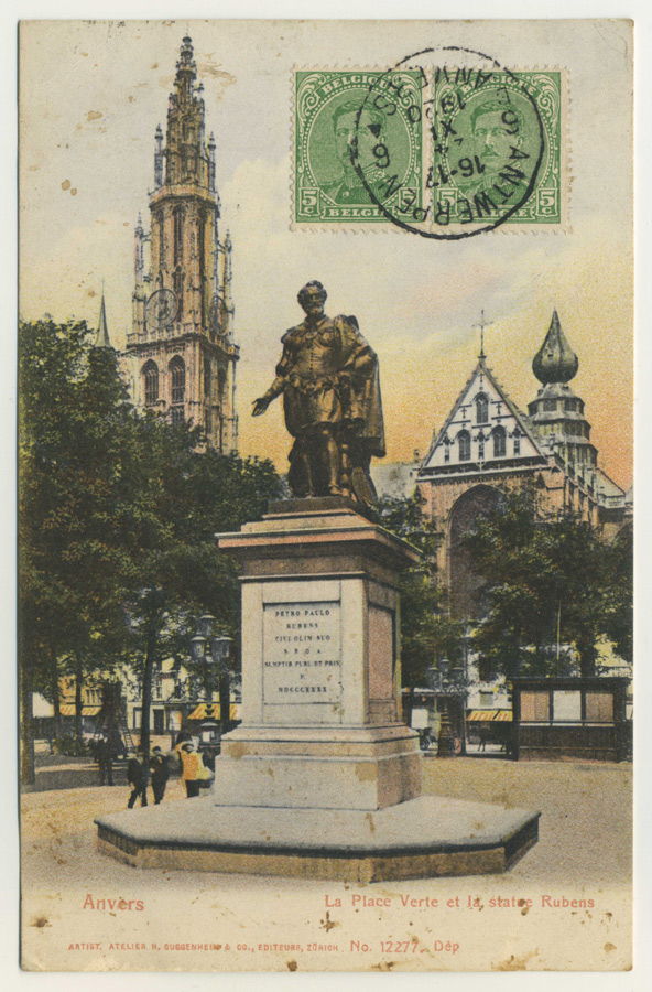 Открытка Памятник Питеру Паулю Рубенсу и зеленая площадь (H. Guggenheim & Co) Антверпен, Бельгия, 1920 год