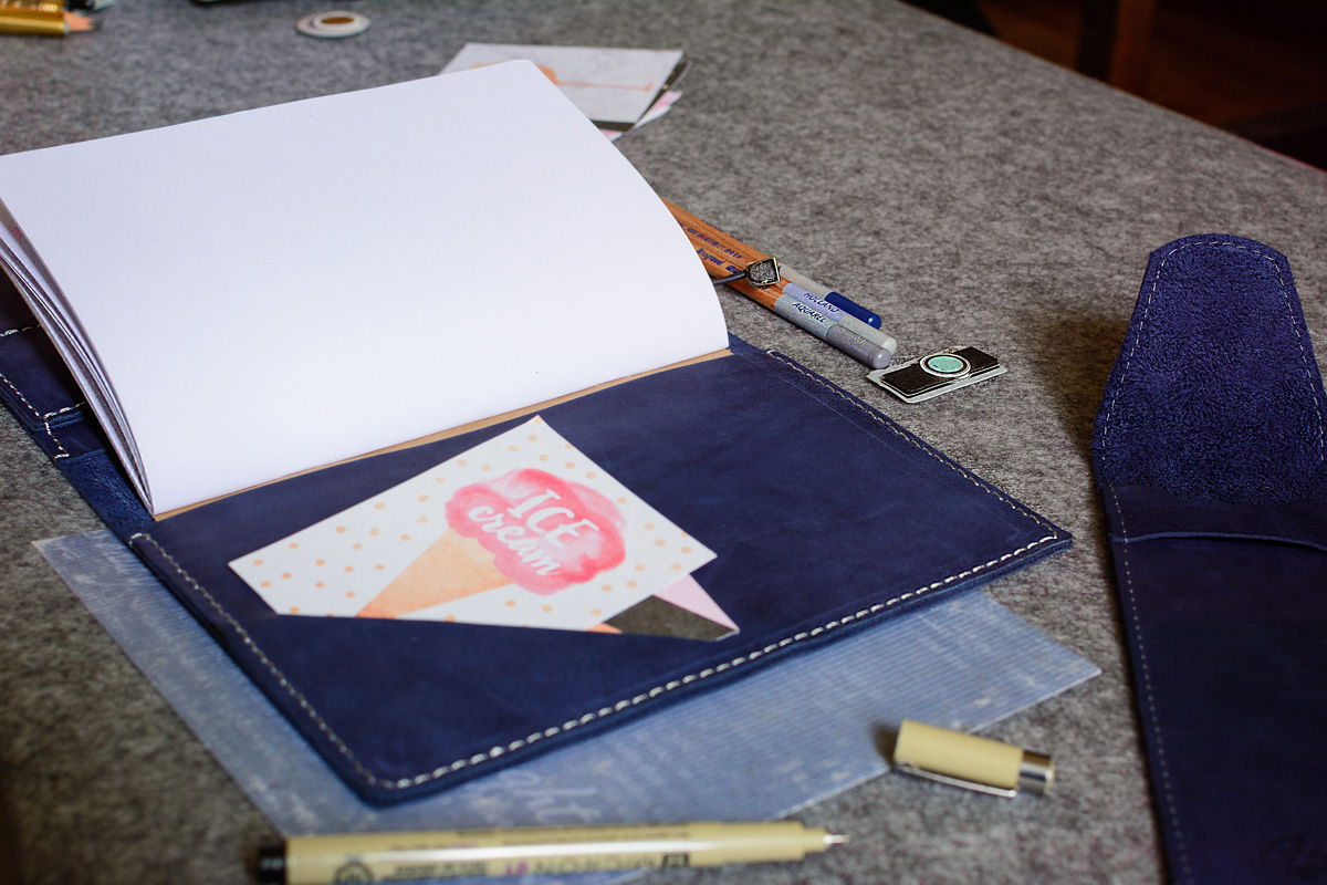 Скетчбук-органайзер из кожи -LEGACY- со сменными тетрадями А5 цвет Ocean Blue / Обложка Moleskine, Field Notes