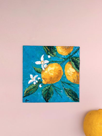 Картина на холсте лимоны, акрил, мастихин, размер 15*15 см