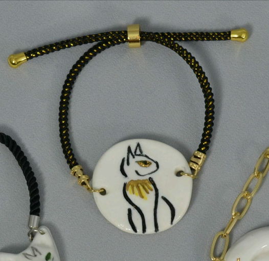 Браслет Bastet (Бастет) круглый на цепочке со стопером (фарфор+золото)
