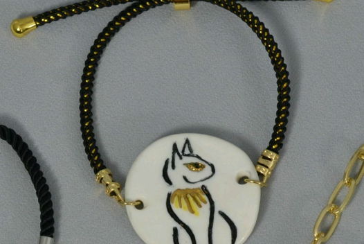 Браслет Bastet (Бастет) круглый на цепочке со стопером (фарфор+золото)