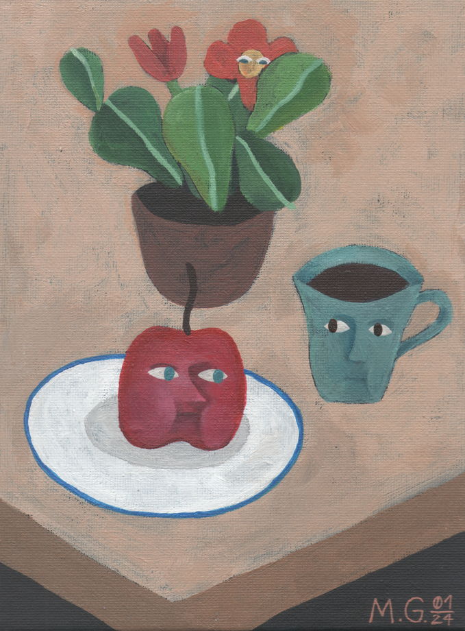Картина в раме "Le petit déjeuner avec pomme, café et cactus"*