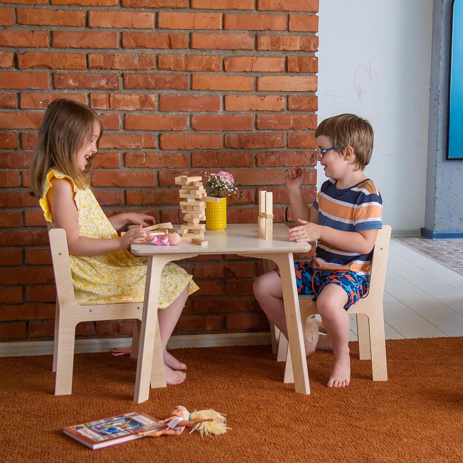 Детский квадратный стол и два стула Kiddy's Store, комплект детской мебели стол и два стула деревянный, натурального и белого цвета