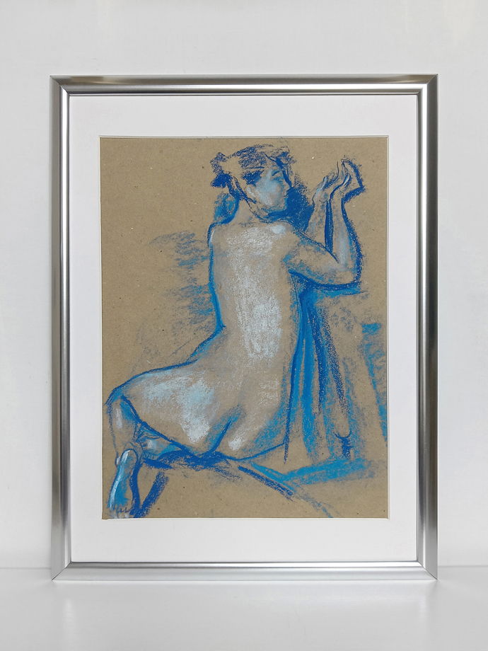 Обнаженная натура в голубых тонах - вид со спины. Интерьерная картина в раме с паспарту.