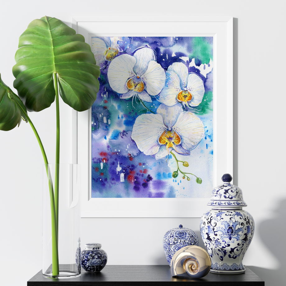 Акварельная картина "Белые орхидеи"
