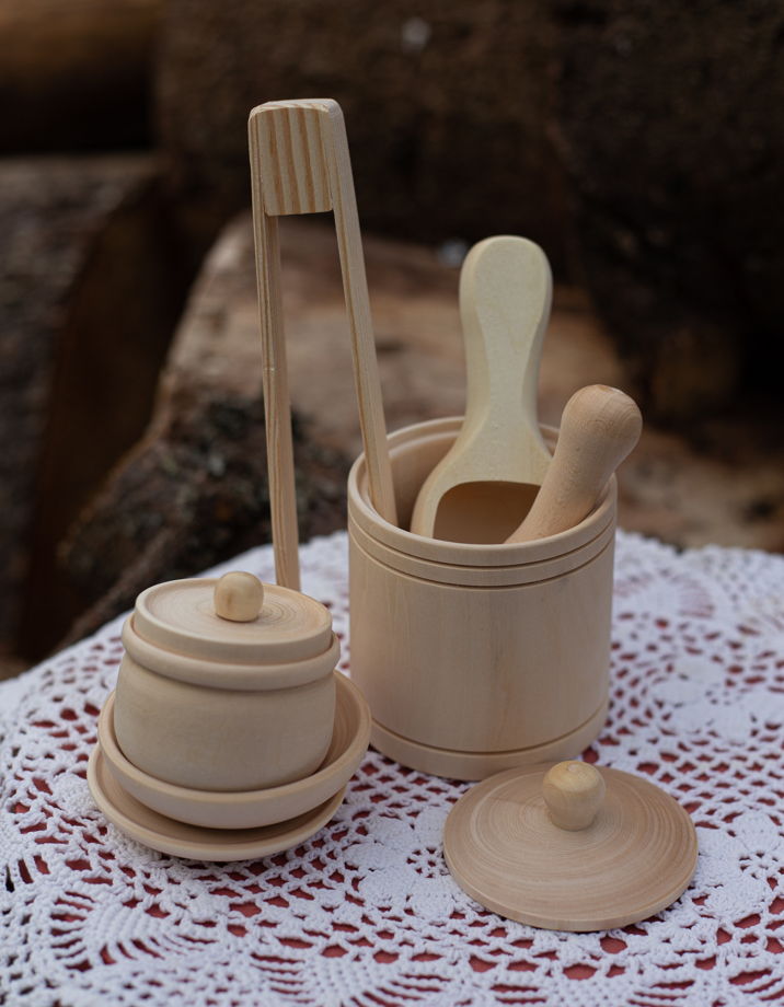 Набор посуды/заготовки деревянные для кухни детской с пинцетом и совком