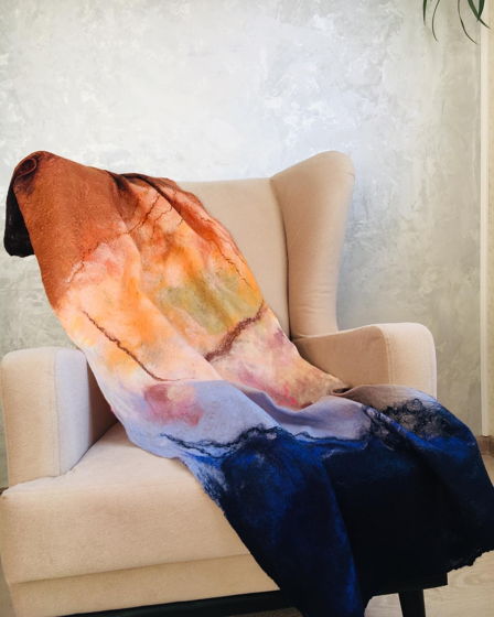 Длинный шарф палантин валяный из мериносовой шерсти разноцветный