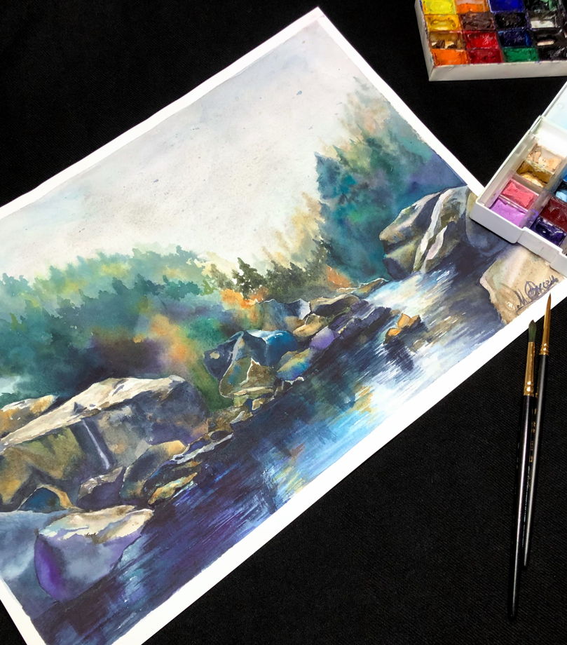 Акварельная картина с умиротворяющим пейзажем