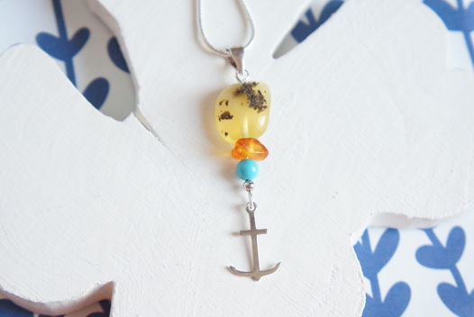 Кулон серебро янтарь бирюза якорь