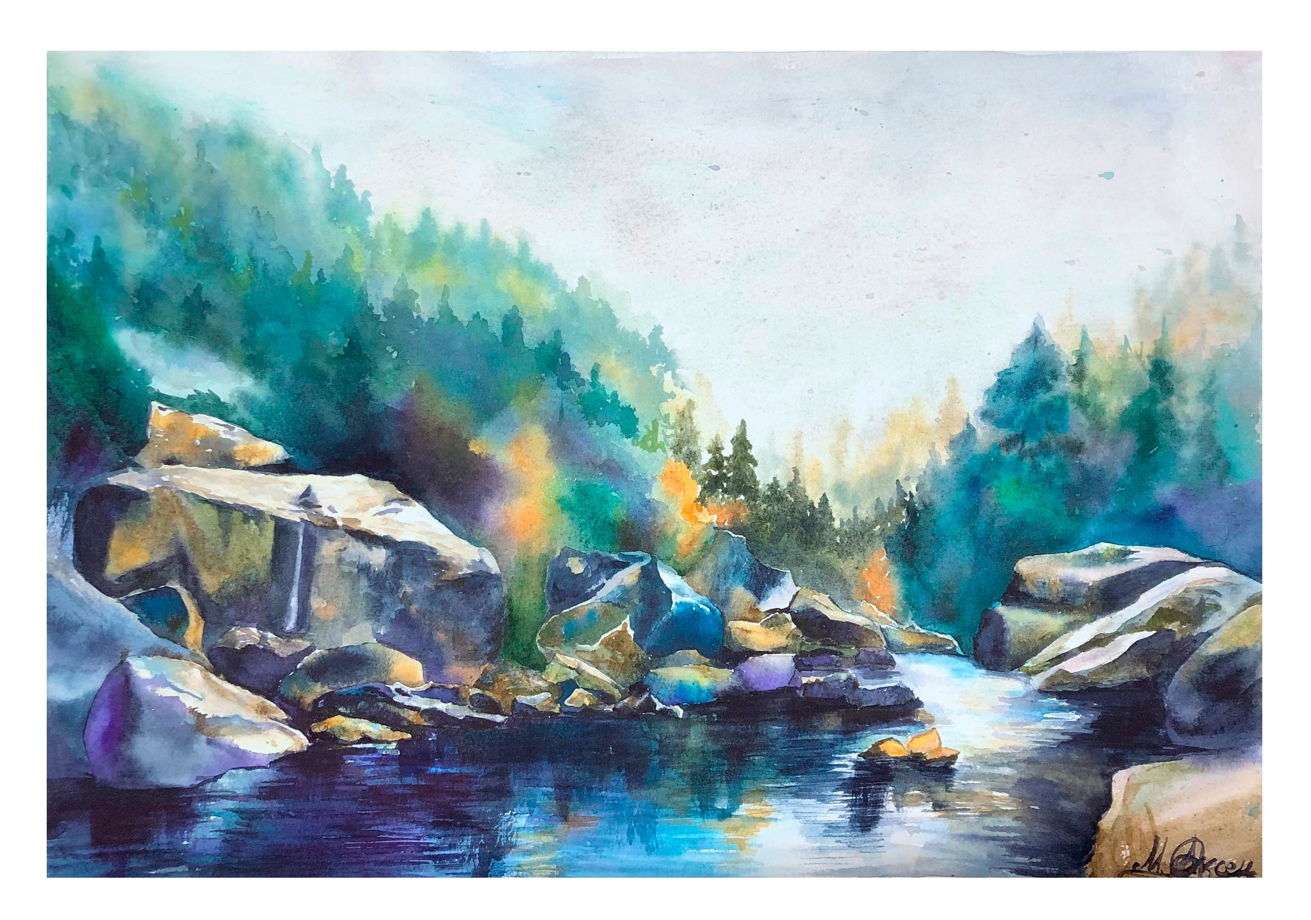 Акварельная картина с умиротворяющим пейзажем