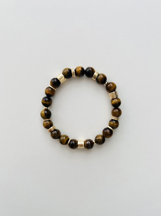 Браслет на резинке из тигрового глаза и металлических вставок под золото