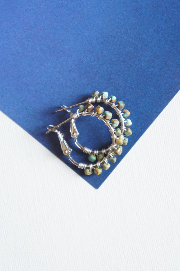 Серьги конго кольца плетеные wire wrapped бирюза