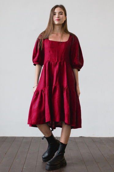 Женское летнее платье Алиса из 100% льна цвета "красное вино"