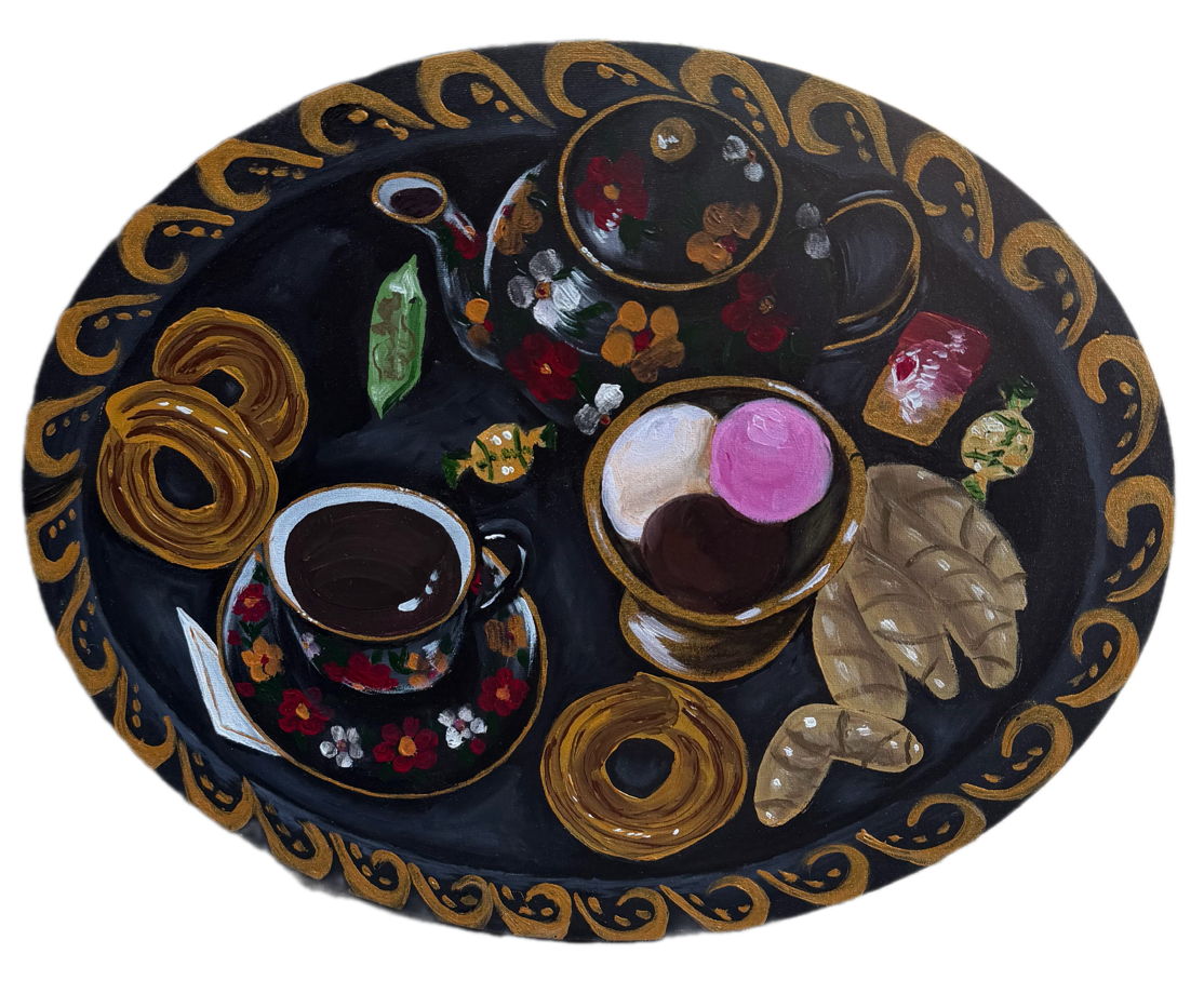 Картина.  Овальный чёрный сервиз.