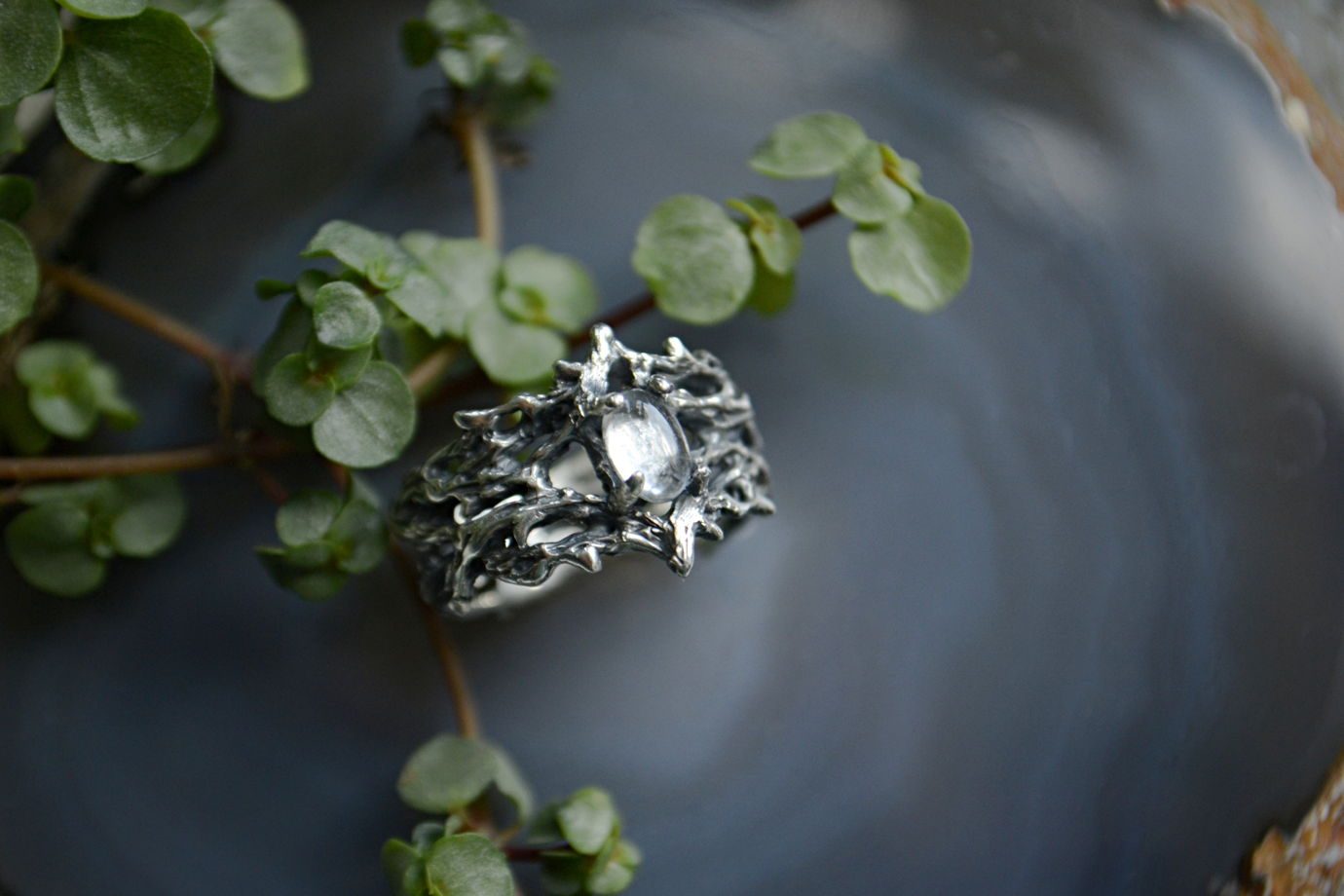 Серебряное кольцо "Терновые заросли" с кабошоном