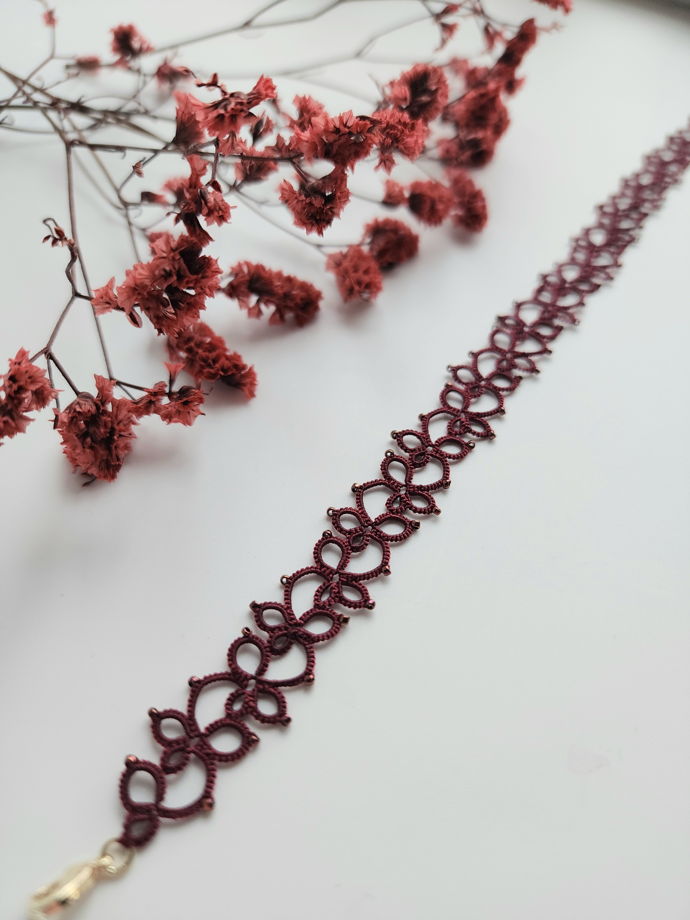 Чокер бордовый, плетеный женский чокер фриволите