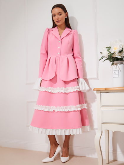Платье длины миди «Ясна» в розовом цвете, с рюшами, пышной юбкой и баской