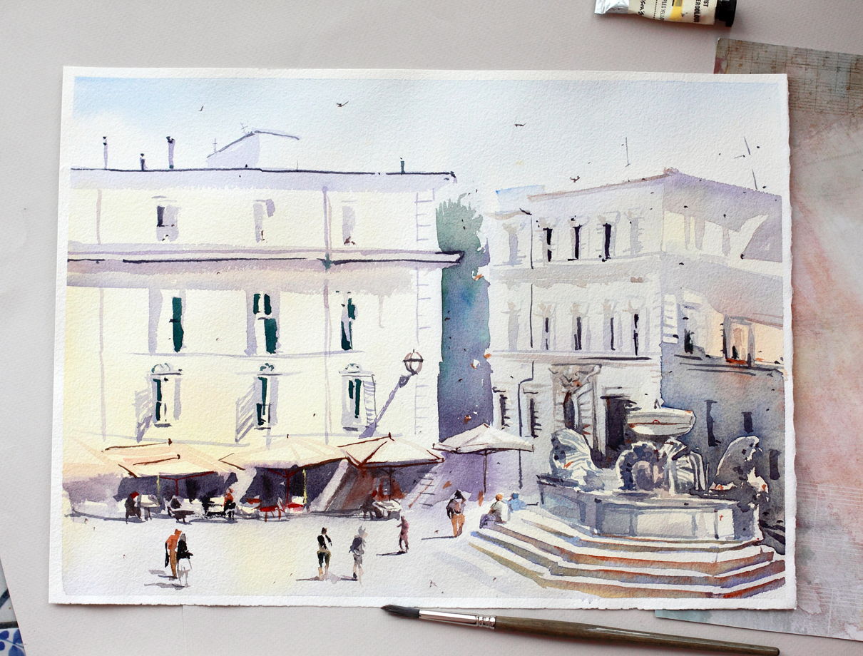 Картина акварелью Пьяцца Санта-Мария-ин-Трастевере в Риме