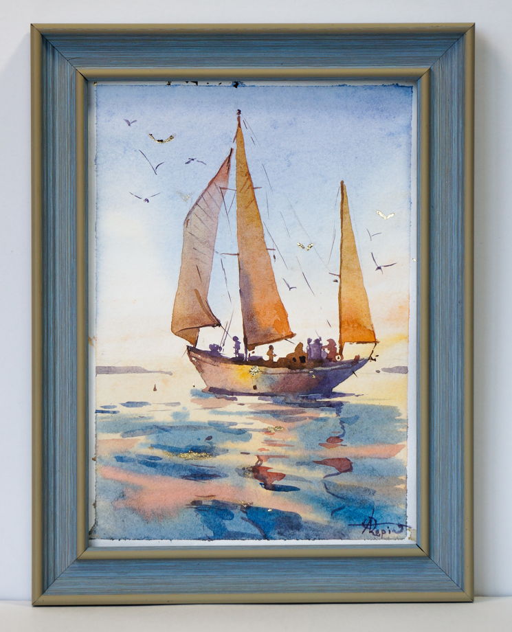 Картина "Корабль на закате" (15х20)  Акварель