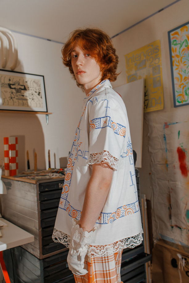Рубашка с Цветами и Кружевом/Blue Flowers and Lace Short Sleeve Shirt