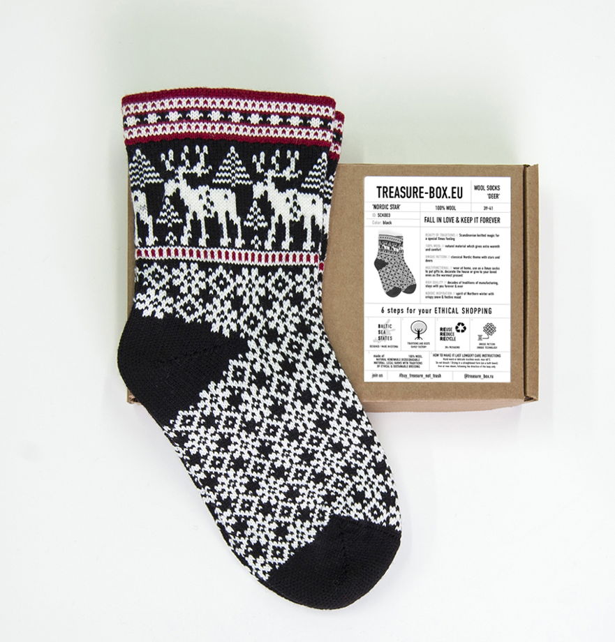 Носки с оленями в скандинавском стиле, 100% шерсть, подарок в коробке крафт