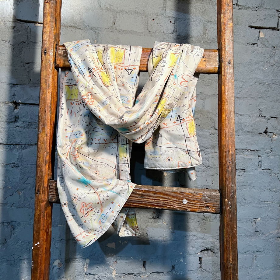 Тёплый стёганый шарф из натурального шёлка с рисунками и надписями “от руки”, unisex