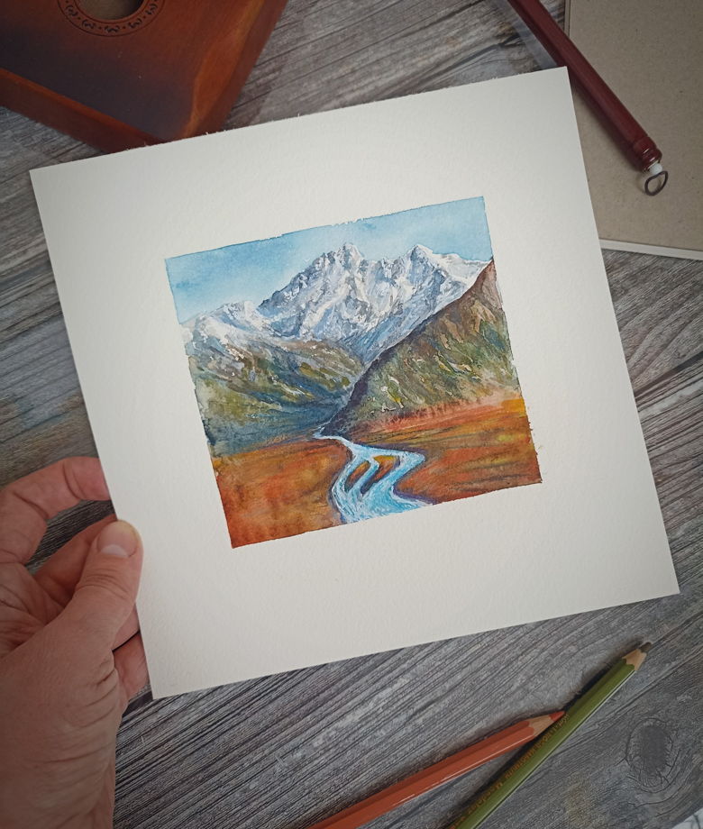 Акварельная картина Горы и река