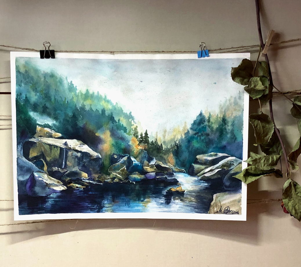 Акварельная картина с умиротворяющим пейзажем