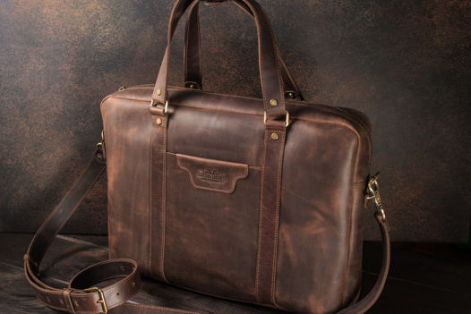Мужская деловая кожаная сумка -PRESTIGE- ручной работы цвет Шоколад