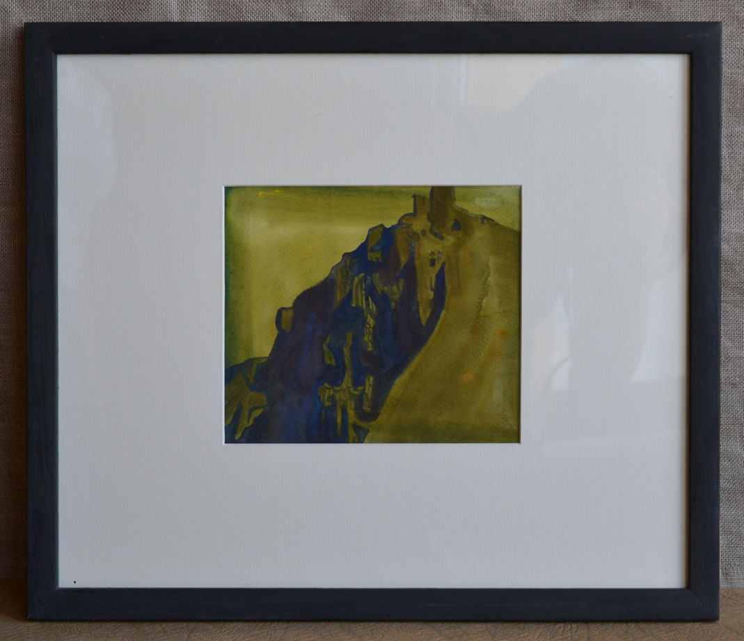 Акварельная картина "Крепость на скале" в раме с паспарту под стеклом