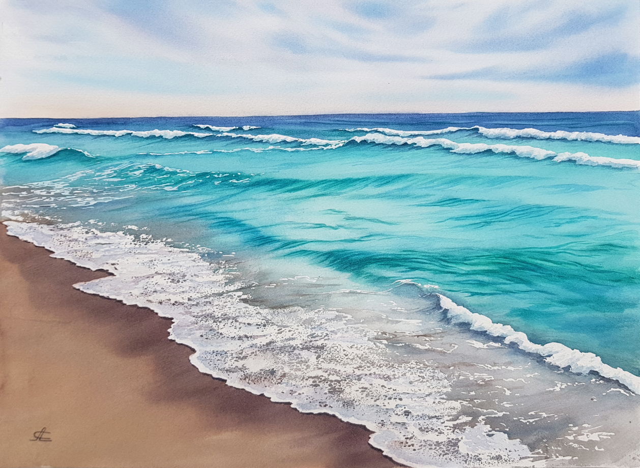 Акварельная картина "Пляж" (40 х 30 см)
