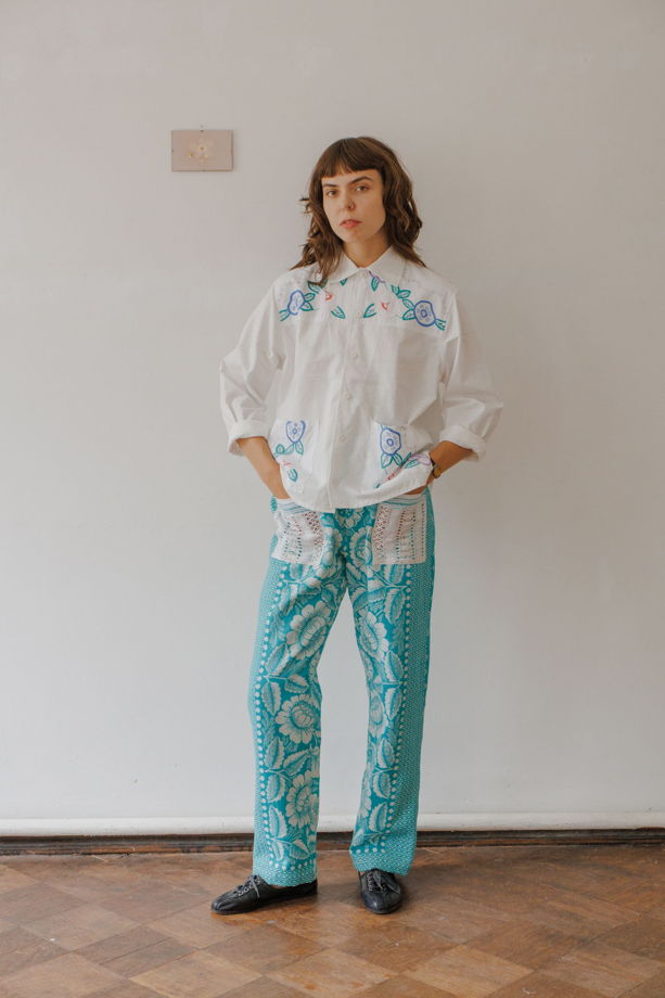 Рубашка Белая с Цветами/White + Flowers Long Sleeve Shirt