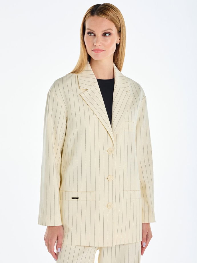 Летний прямой однобортный жакет из хлопка в полоску