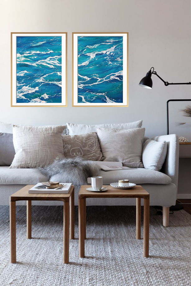 Диптих абстрактной акварельной картины "Морская пена" (74 х 54 см)