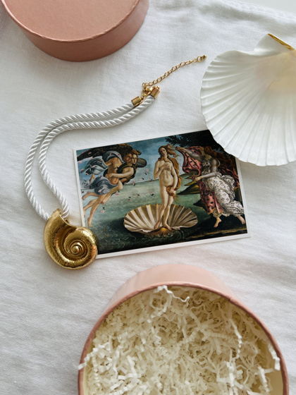 Подарочный набор бокс "Venus 2" в шляпной коробке пудрового цвета, украшение на шею в форме золотой раковины, ракушка и открытка