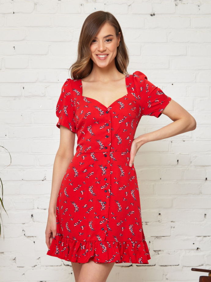 Платье красное с цветочным принтом