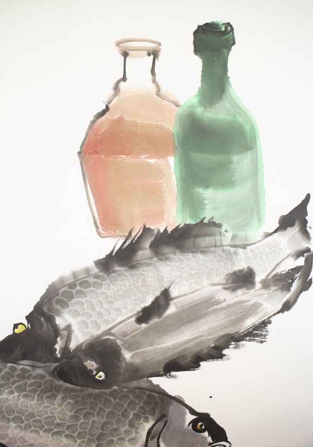 "Пьяные рыбы", картина в традиционном китайском стиле се-и (69 * 46 см)