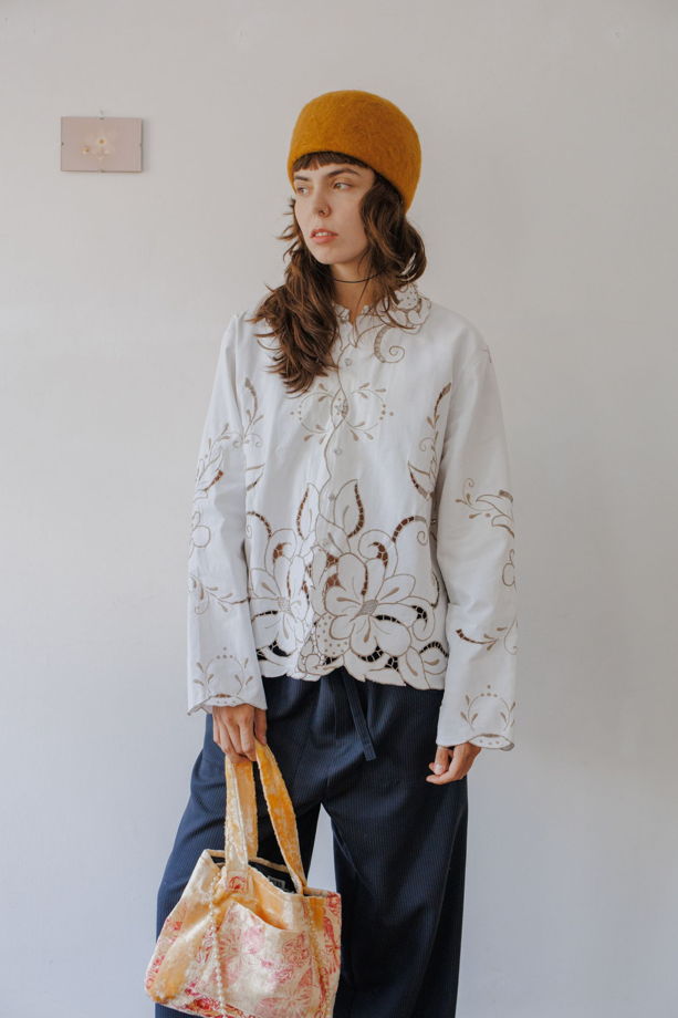 Белая Рубашка с Перфорированным Узором 5/White Pattern Long Sleeve Shirt 5