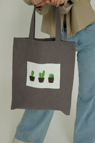 Легкая сумка шоппер из льна с ручной росписью Cactus Coctail