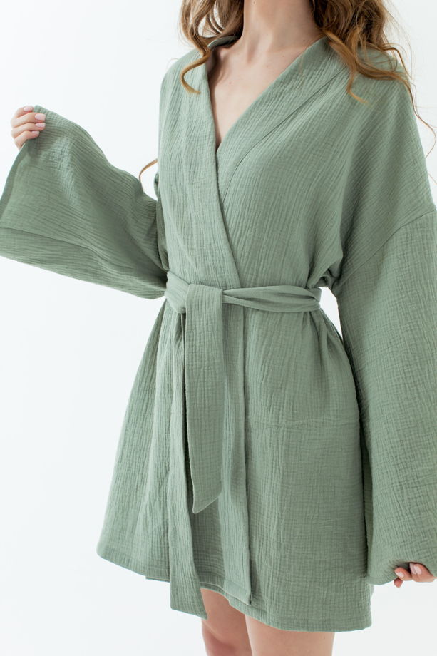 Халат - кимоно в цвете "зелёный мох" из хлопка муслина