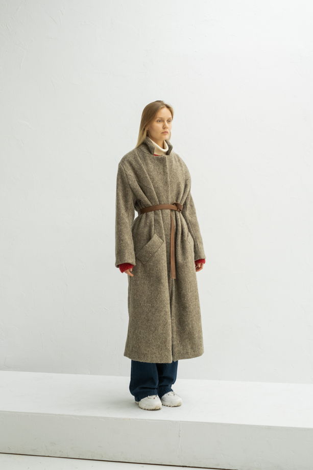 зимнее длинное шерстяное пальто на подкладке "серый орех"