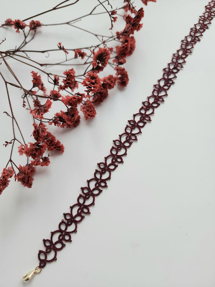 Чокер бордовый, плетеный женский чокер фриволите