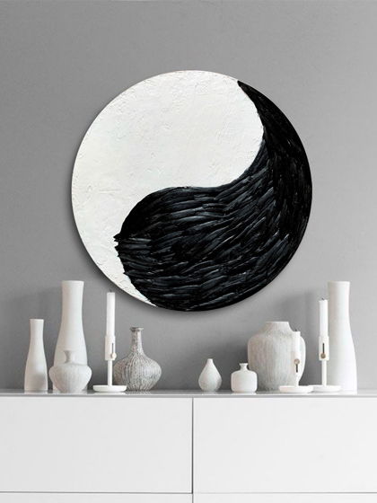 Картина абстрактная чёрно-белая "Инь Янь", панно Ø50 см