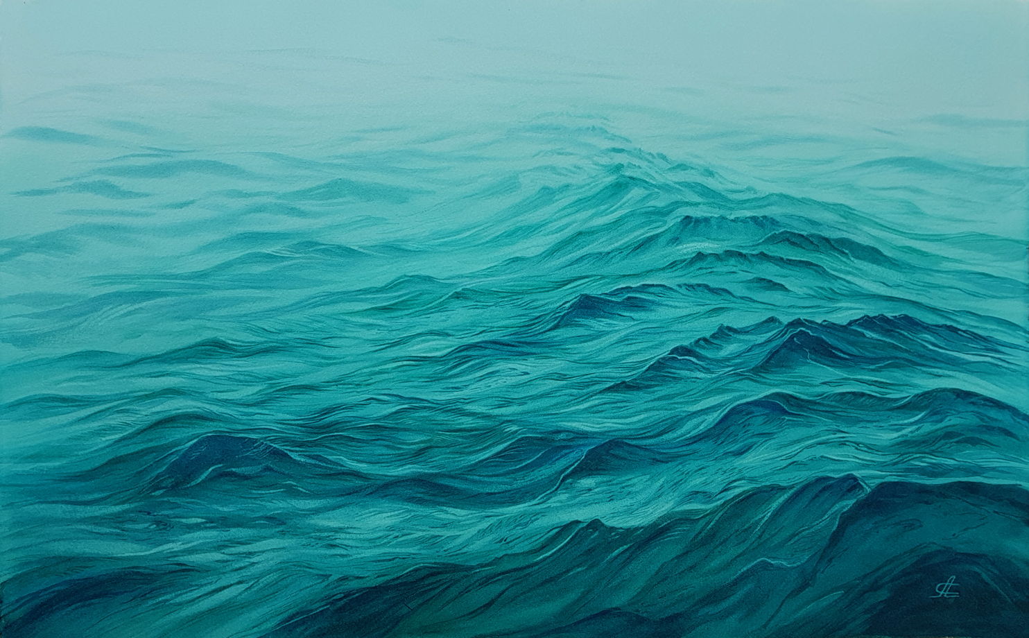 Акварельная картина "Предрассветный туман над океаном" (56 х 35,5 см)
