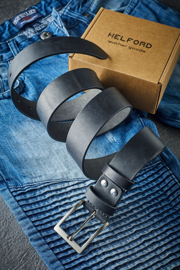 Ремень кожаный мужской ручной работы черный HELFORD Jeans