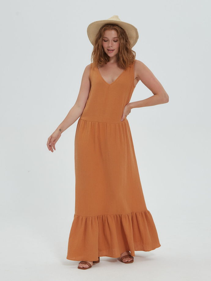 Платье с v-вырезом и оборкой из хлопка муслина