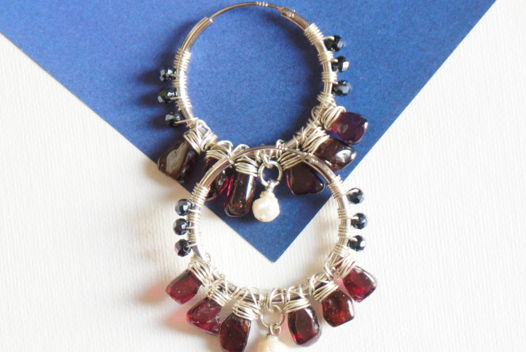 Серьги кольца конго плетеные wire wrapped из проволоки серебро гранат жемчуг
