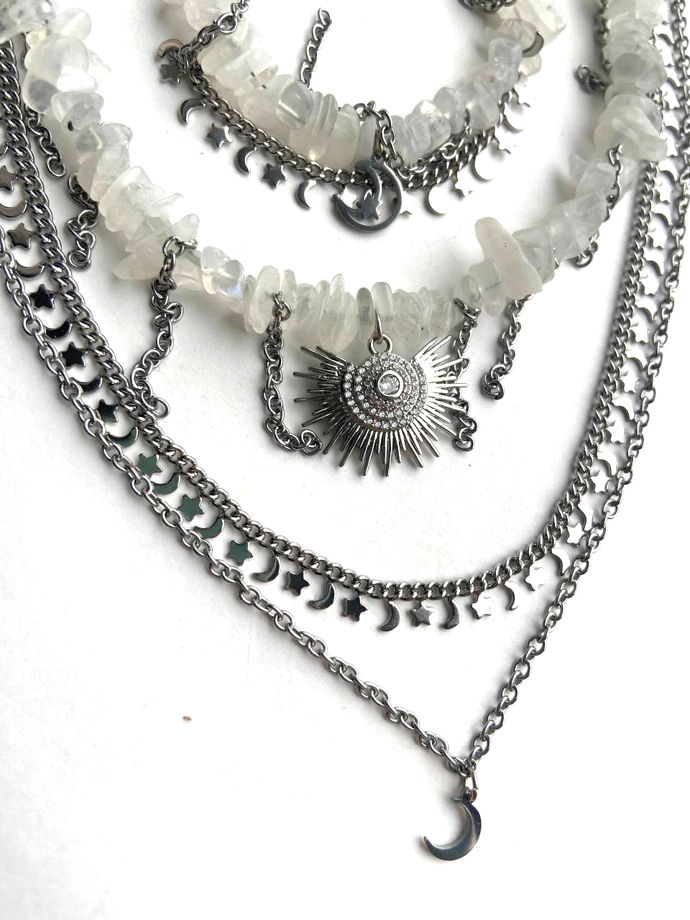 Колье ЛУННАЯ ПРИЗМА из лунного камня с цепочками