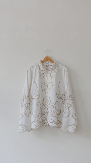 Белая Рубашка с Перфорированным Узором 5/White Pattern Long Sleeve Shirt 5