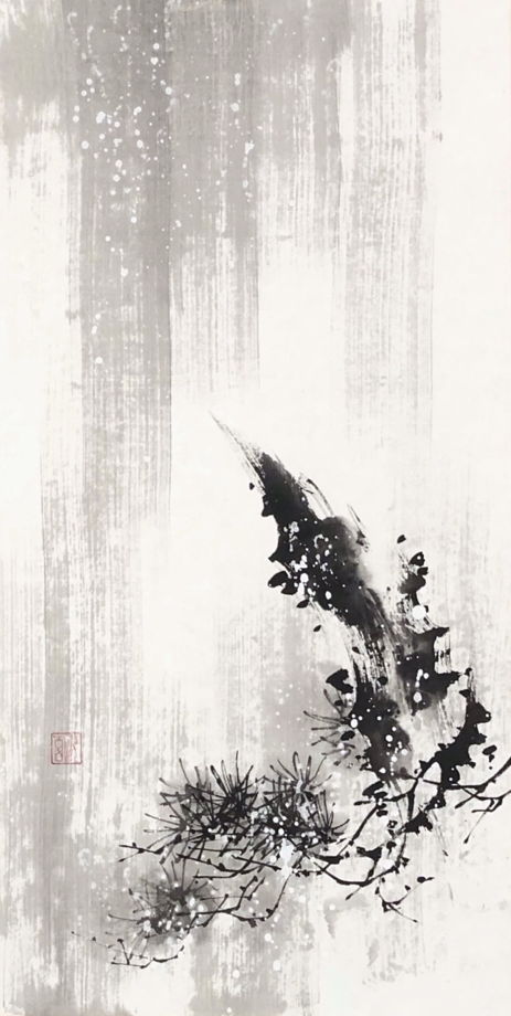 "Сосна под снегом", картина в стиле японской живописи тушью, шелковый свиток (110x50 см)